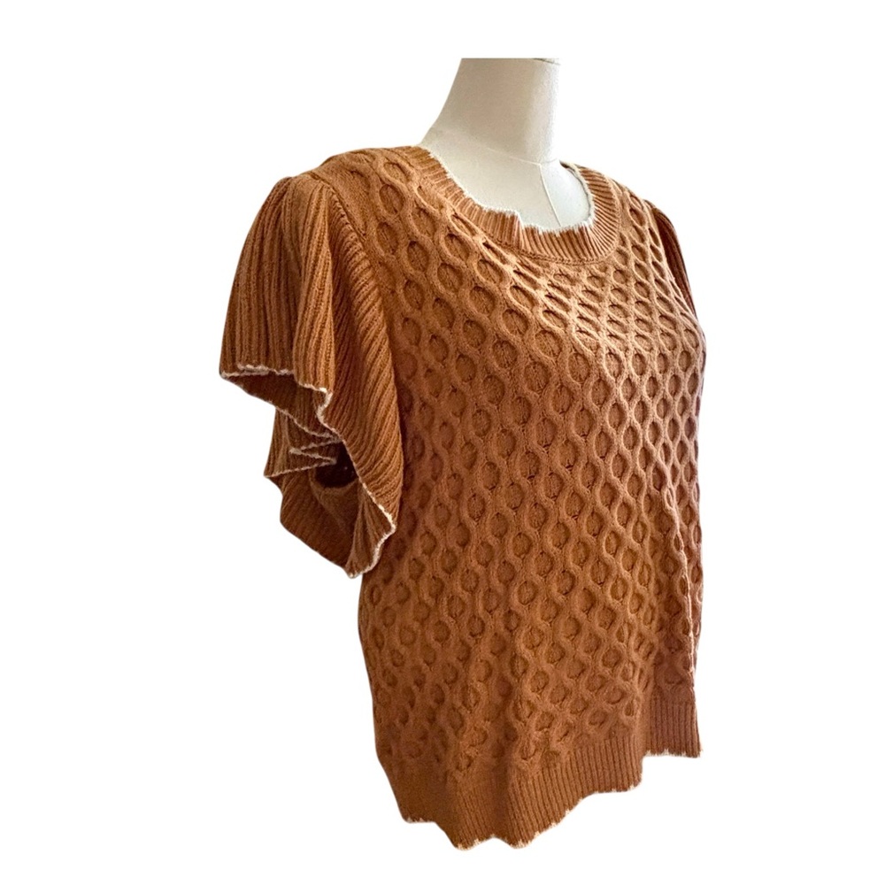 ODDY Sweater 3X Short Sleeves Ruffle Cable Knit Tan Camel w/White Trim